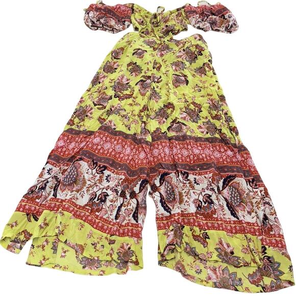 Free People Jumpsuit Womens Medium Bali Citrus Skies Boho Floral Wide Leg - Picture 2 of 11